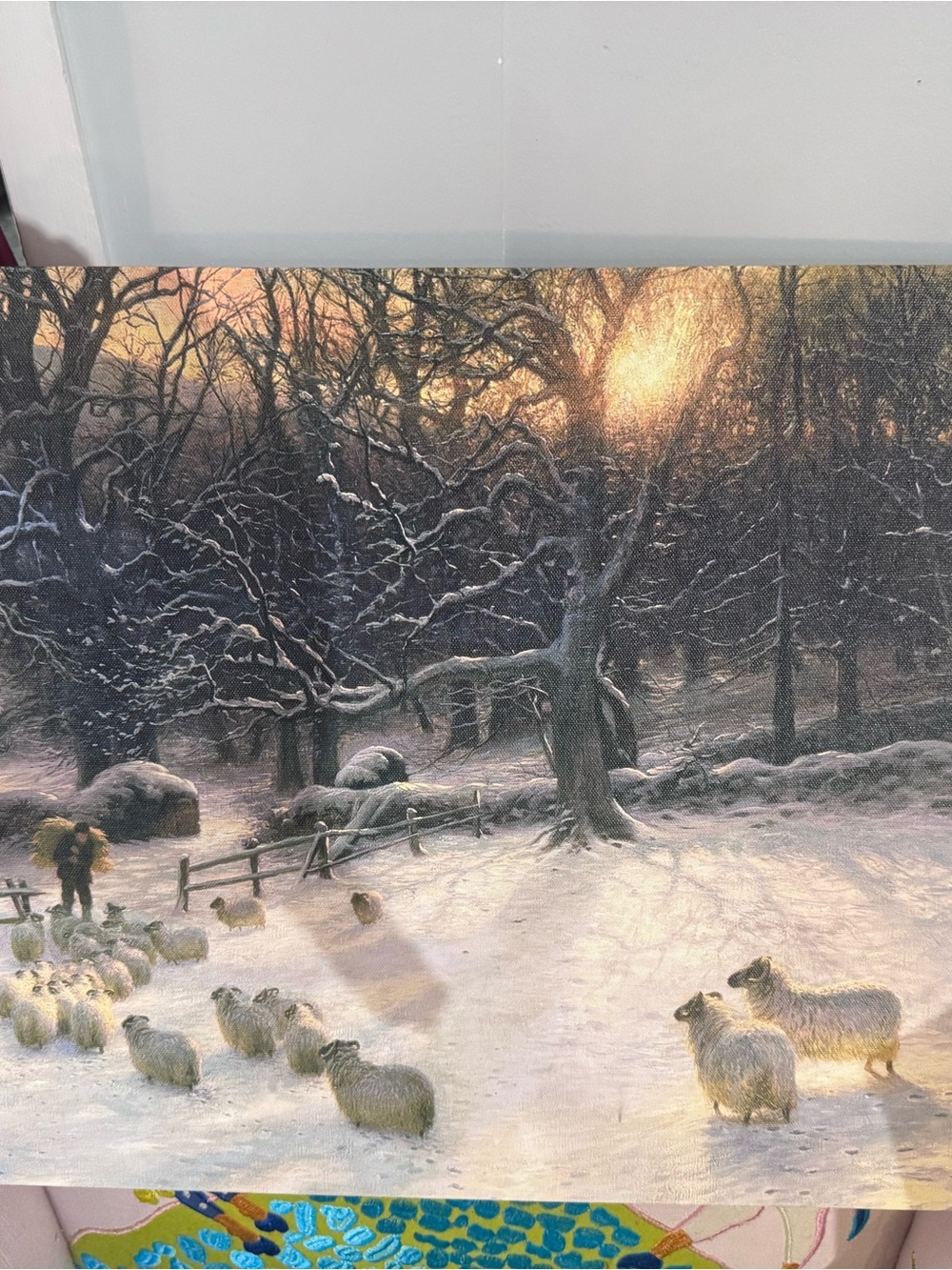 Winter Sheep Canvas Wall Art - Snowy Pastoral Scene 16 x 24in